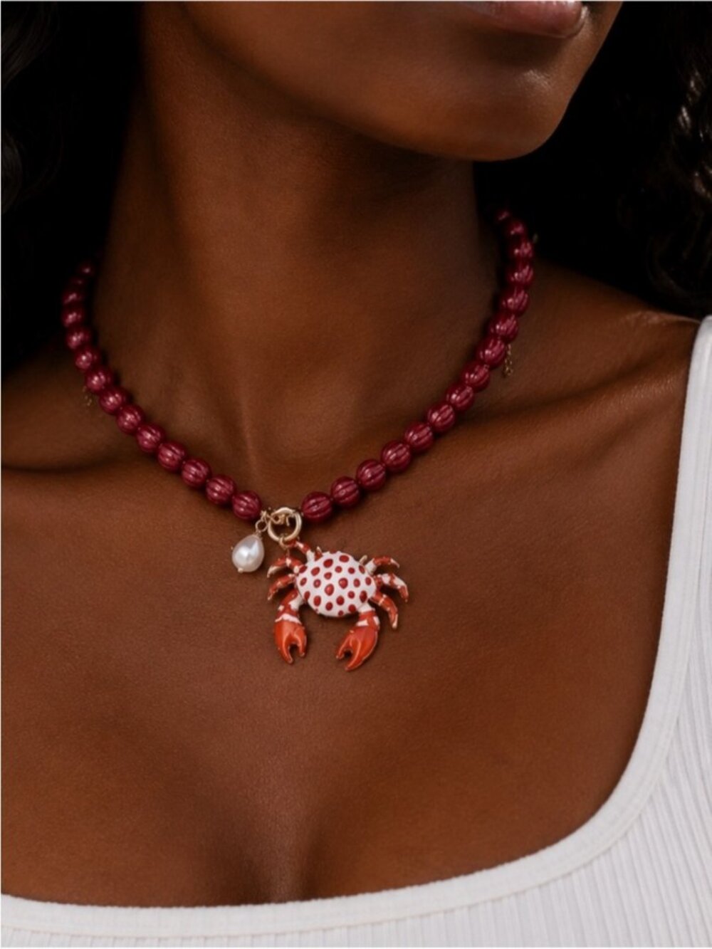New! Coastal Red Beaded Crab Dopamine Necklace NWOT